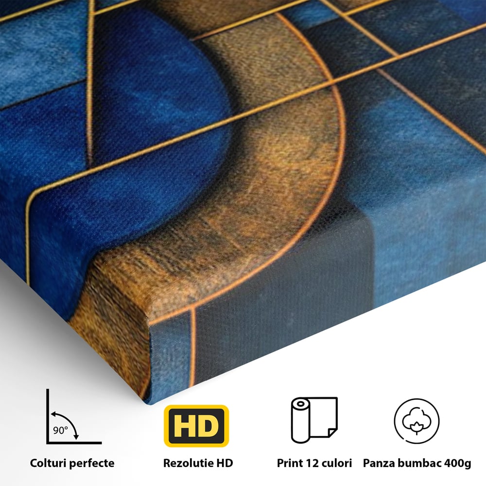 Tablou Canvas Premium, LuxCanva® C1304, Albastru arhitectural, Geometrie, Culori, Abstract, Albastru, Auriu, Profund, Minimalism, Design, Mural, Interior, Expozitie, Arta, Birou, Living, Dormitor