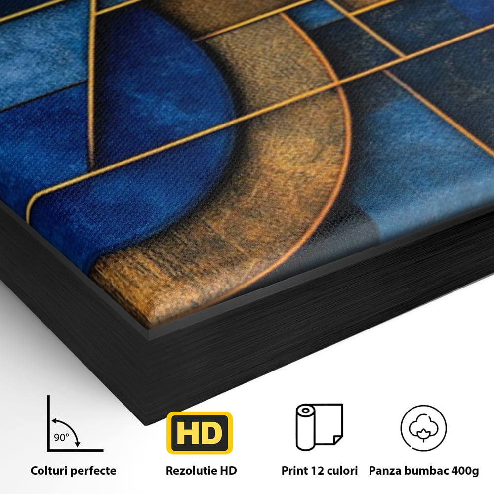 Tablou Canvas Premium, LuxCanva® C1304, Albastru arhitectural, Geometrie, Culori, Abstract, Albastru, Auriu, Profund, Minimalism, Design, Mural, Interior, Expozitie, Arta, Birou, Living, Dormitor