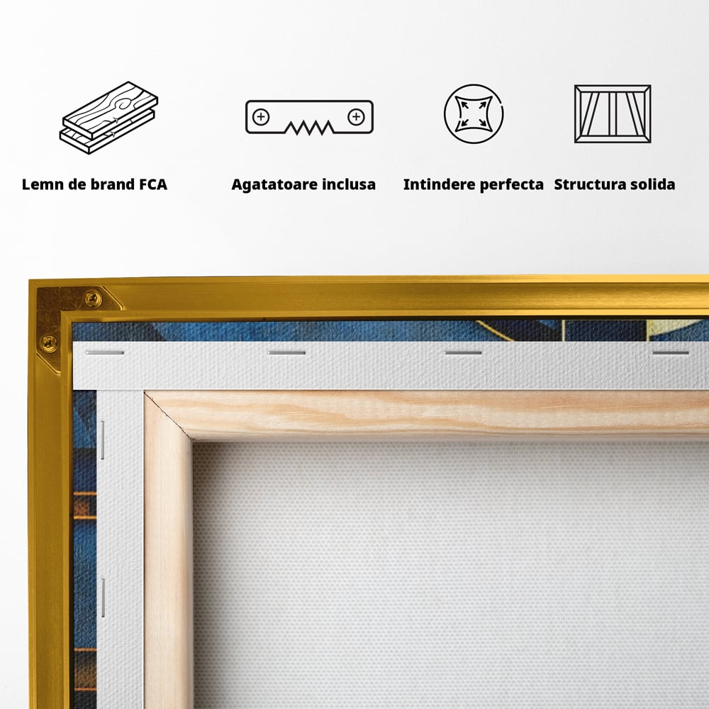 Tablou Canvas Premium, LuxCanva® C1304, Albastru arhitectural, Geometrie, Culori, Abstract, Albastru, Auriu, Profund, Minimalism, Design, Mural, Interior, Expozitie, Arta, Birou, Living, Dormitor