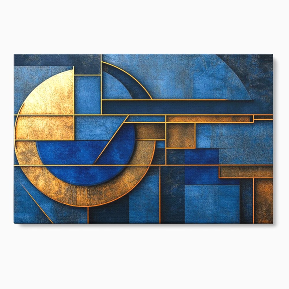 Tablou Canvas Premium, LuxCanva® C1304, Albastru arhitectural, Geometrie, Culori, Abstract, Albastru, Auriu, Profund, Minimalism, Design, Mural, Interior, Expozitie, Arta, Birou, Living, Dormitor