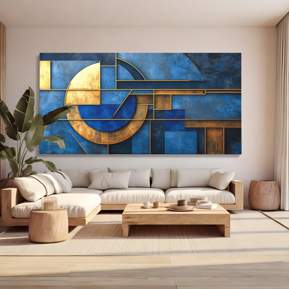 Tablou Canvas Premium, LuxCanva® C1304, Albastru arhitectural, Geometrie, Culori, Abstract, Albastru, Auriu, Profund, Minimalism, Design, Mural, Interior, Expozitie, Arta, Birou, Living, Dormitor
