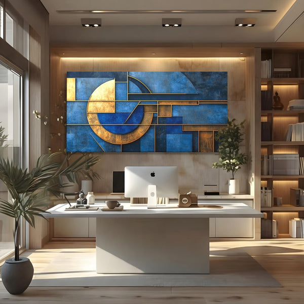 Tablou Canvas Premium, LuxCanva® C1304, Albastru arhitectural, Geometrie, Culori, Abstract, Albastru, Auriu, Profund, Minimalism, Design, Mural, Interior, Expozitie, Arta, Birou, Living, Dormitor