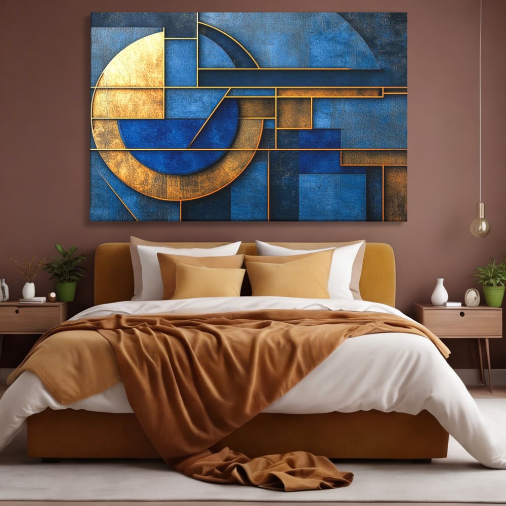 Tablou Canvas Premium, LuxCanva® C1304, Albastru arhitectural, Geometrie, Culori, Abstract, Albastru, Auriu, Profund, Minimalism, Design, Mural, Interior, Expozitie, Arta, Birou, Living, Dormitor
