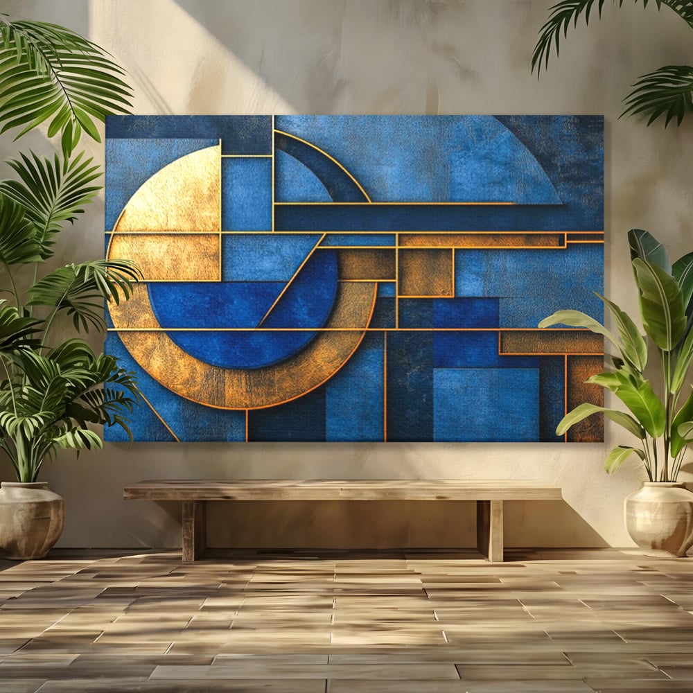 Tablou Canvas Premium, LuxCanva® C1304, Albastru arhitectural, Geometrie, Culori, Abstract, Albastru, Auriu, Profund, Minimalism, Design, Mural, Interior, Expozitie, Arta, Birou, Living, Dormitor