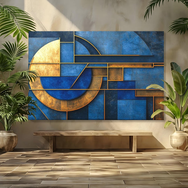 Tablou Canvas Premium, LuxCanva® C1304, Albastru arhitectural, Geometrie, Culori, Abstract, Albastru, Auriu, Profund, Minimalism, Design, Mural, Interior, Expozitie, Arta, Birou, Living, Dormitor