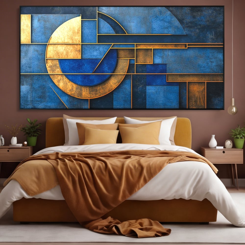 Tablou Canvas Premium, LuxCanva® C1304, Albastru arhitectural, Geometrie, Culori, Abstract, Albastru, Auriu, Profund, Minimalism, Design, Mural, Interior, Expozitie, Arta, Birou, Living, Dormitor