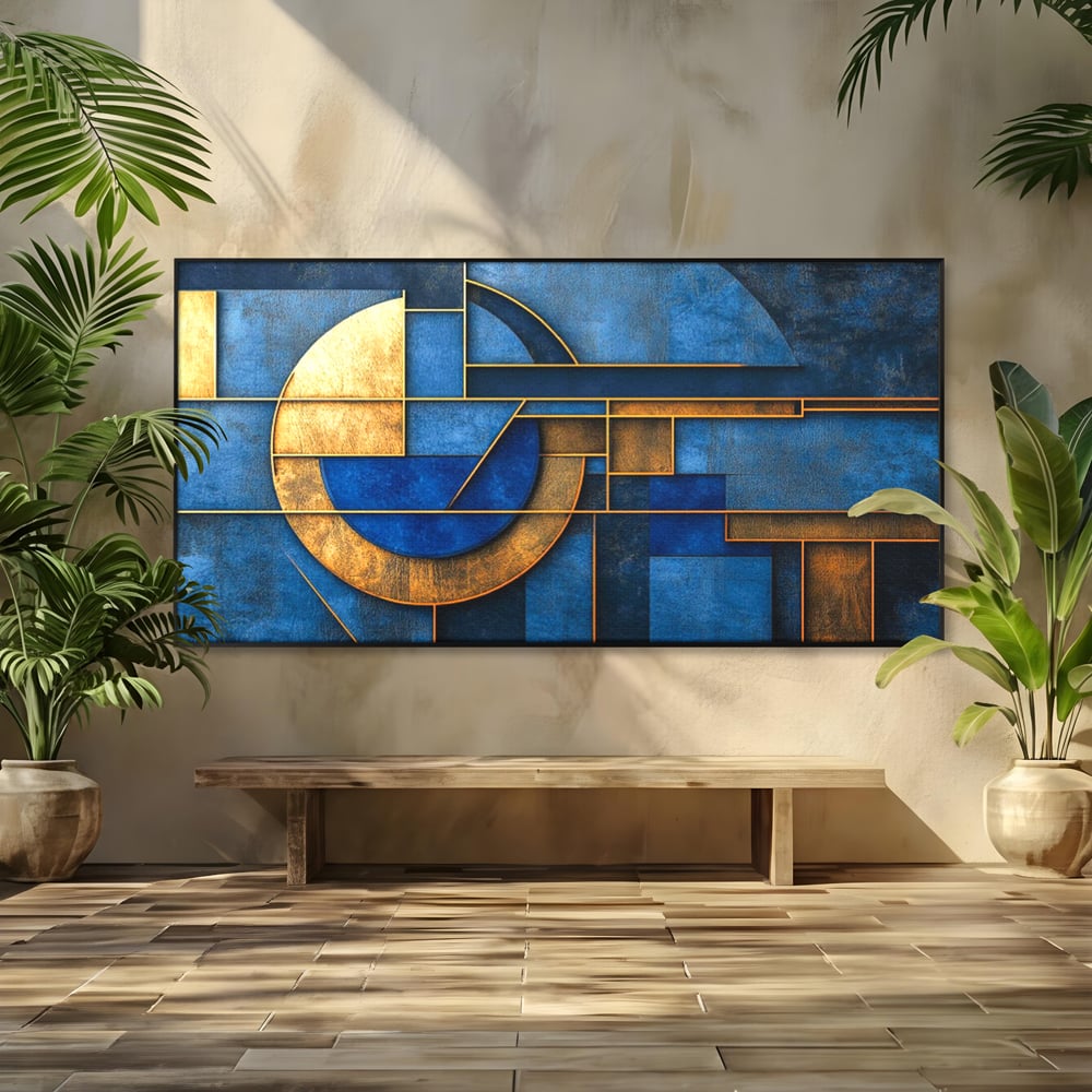 Tablou Canvas Premium, LuxCanva® C1304, Albastru arhitectural, Geometrie, Culori, Abstract, Albastru, Auriu, Profund, Minimalism, Design, Mural, Interior, Expozitie, Arta, Birou, Living, Dormitor