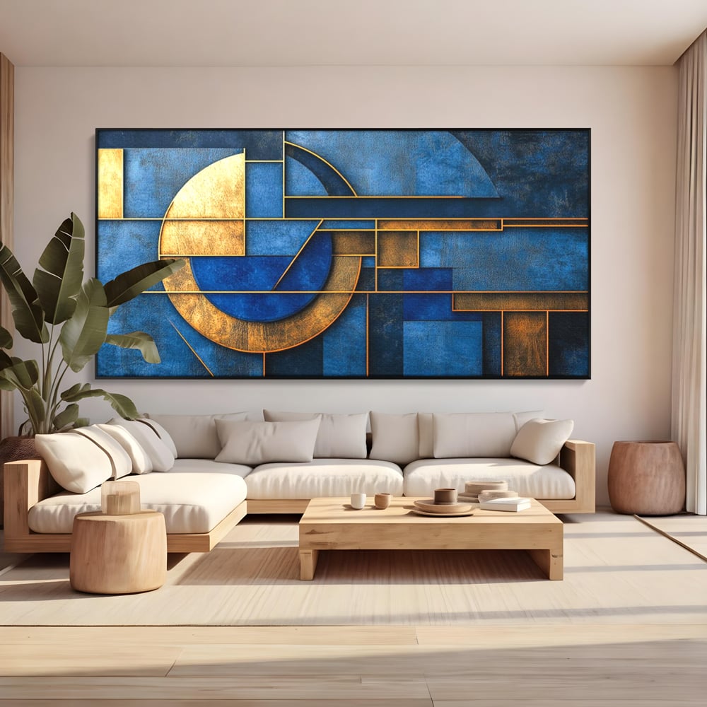Tablou Canvas Premium, LuxCanva® C1304, Albastru arhitectural, Geometrie, Culori, Abstract, Albastru, Auriu, Profund, Minimalism, Design, Mural, Interior, Expozitie, Arta, Birou, Living, Dormitor