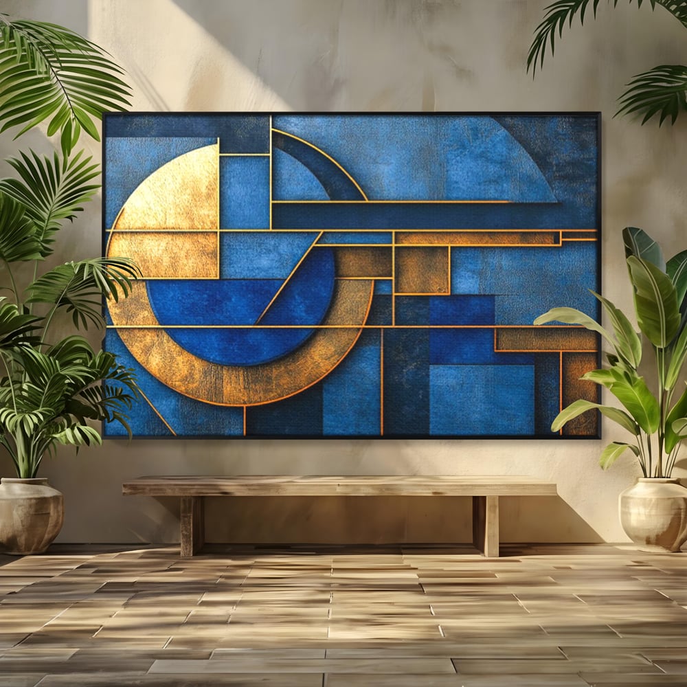 Tablou Canvas Premium, LuxCanva® C1304, Albastru arhitectural, Geometrie, Culori, Abstract, Albastru, Auriu, Profund, Minimalism, Design, Mural, Interior, Expozitie, Arta, Birou, Living, Dormitor