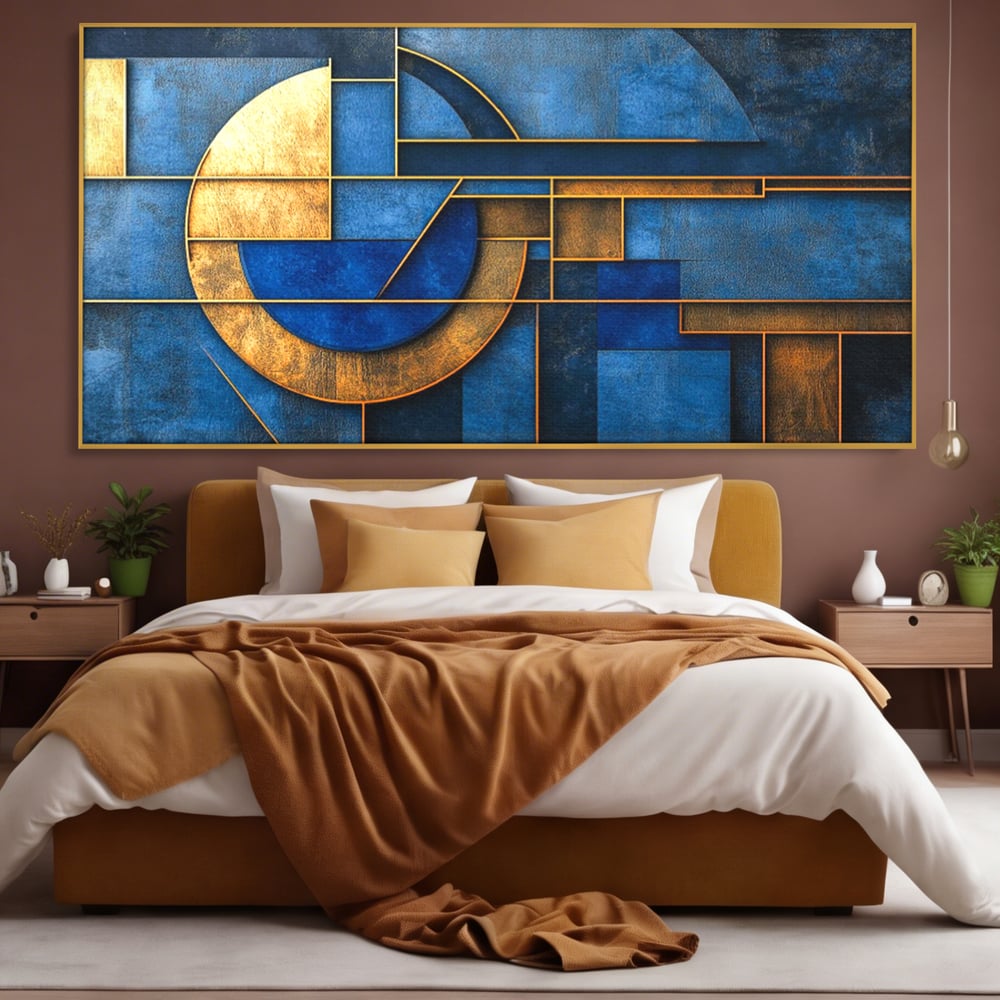 Tablou Canvas Premium, LuxCanva® C1304, Albastru arhitectural, Geometrie, Culori, Abstract, Albastru, Auriu, Profund, Minimalism, Design, Mural, Interior, Expozitie, Arta, Birou, Living, Dormitor