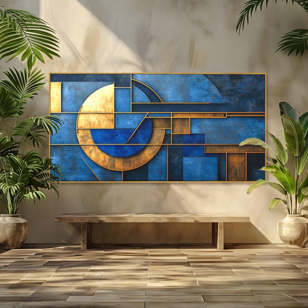 Tablou Canvas Premium, LuxCanva® C1304, Albastru arhitectural, Geometrie, Culori, Abstract, Albastru, Auriu, Profund, Minimalism, Design, Mural, Interior, Expozitie, Arta, Birou, Living, Dormitor