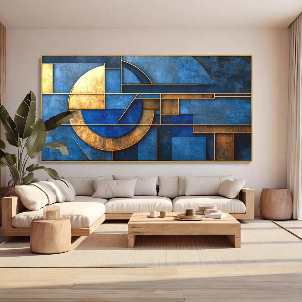 Tablou Canvas Premium, LuxCanva® C1304, Albastru arhitectural, Geometrie, Culori, Abstract, Albastru, Auriu, Profund, Minimalism, Design, Mural, Interior, Expozitie, Arta, Birou, Living, Dormitor
