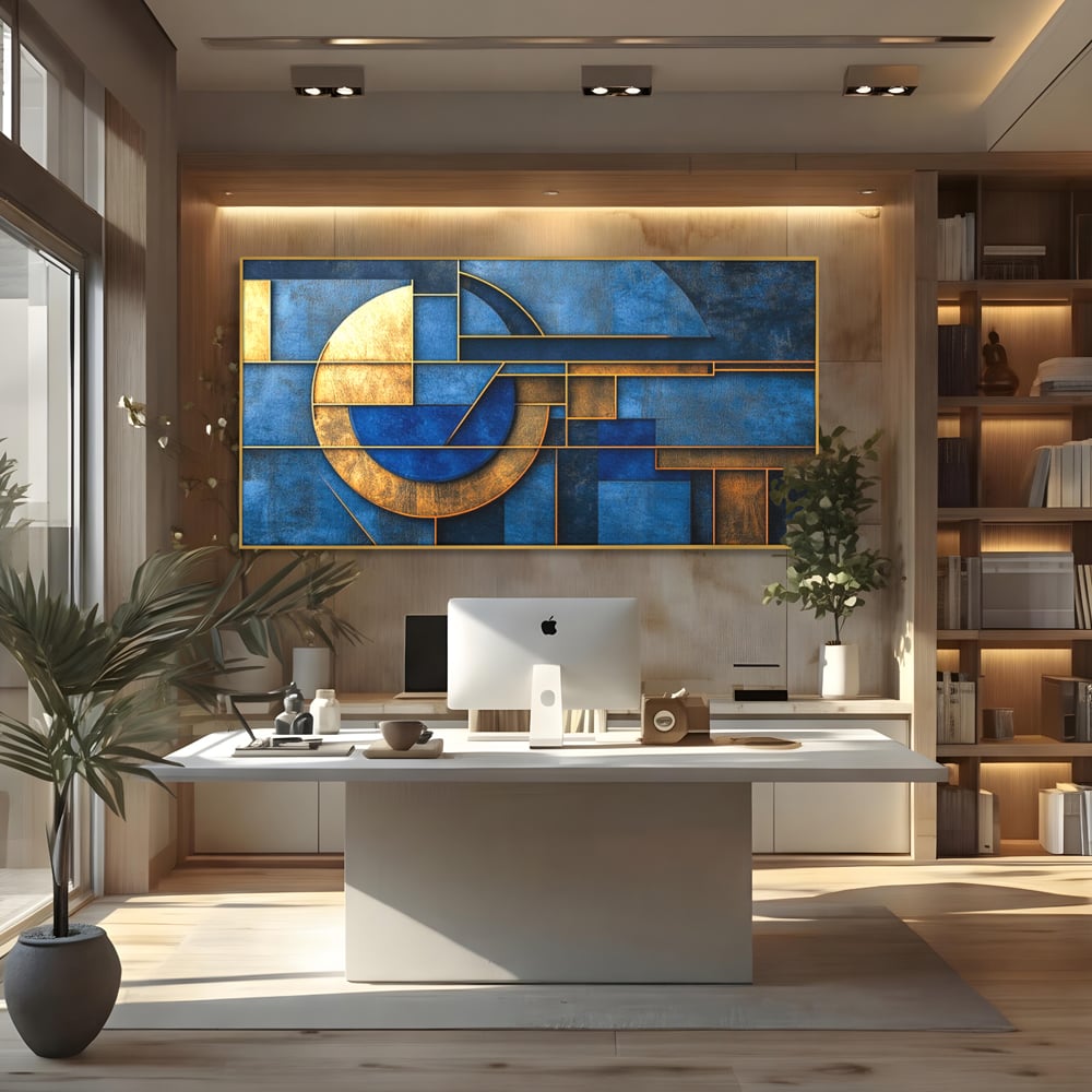 Tablou Canvas Premium, LuxCanva® C1304, Albastru arhitectural, Geometrie, Culori, Abstract, Albastru, Auriu, Profund, Minimalism, Design, Mural, Interior, Expozitie, Arta, Birou, Living, Dormitor