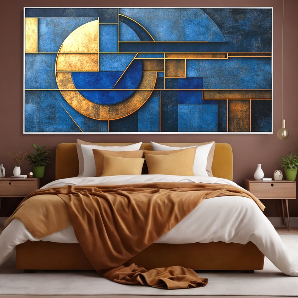 Tablou Canvas Premium, LuxCanva® C1304, Albastru arhitectural, Geometrie, Culori, Abstract, Albastru, Auriu, Profund, Minimalism, Design, Mural, Interior, Expozitie, Arta, Birou, Living, Dormitor