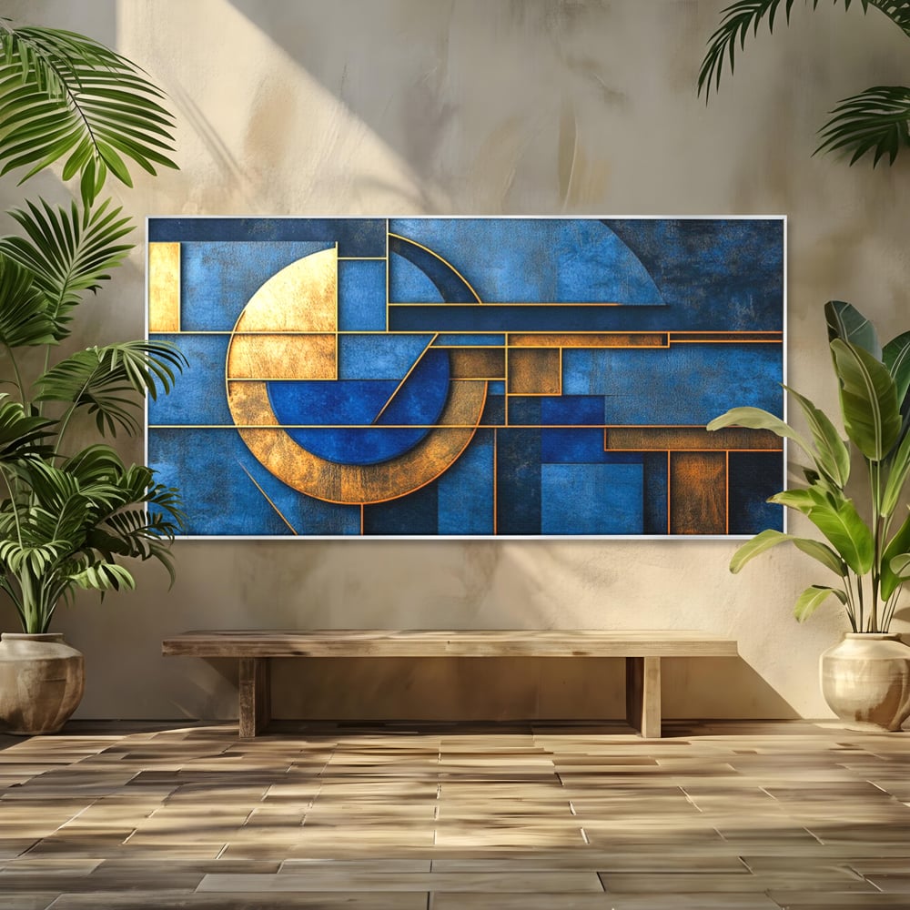 Tablou Canvas Premium, LuxCanva® C1304, Albastru arhitectural, Geometrie, Culori, Abstract, Albastru, Auriu, Profund, Minimalism, Design, Mural, Interior, Expozitie, Arta, Birou, Living, Dormitor