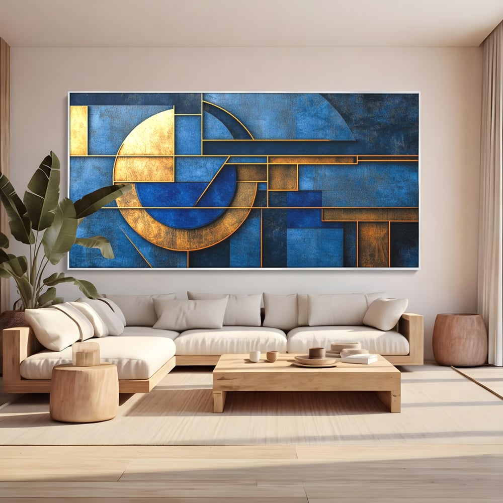 Tablou Canvas Premium, LuxCanva® C1304, Albastru arhitectural, Geometrie, Culori, Abstract, Albastru, Auriu, Profund, Minimalism, Design, Mural, Interior, Expozitie, Arta, Birou, Living, Dormitor