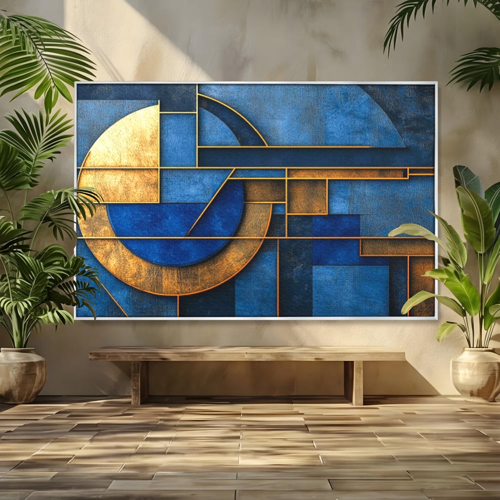 Tablou Canvas Premium, LuxCanva® C1304, Albastru arhitectural, Geometrie, Culori, Abstract, Albastru, Auriu, Profund, Minimalism, Design, Mural, Interior, Expozitie, Arta, Birou, Living, Dormitor