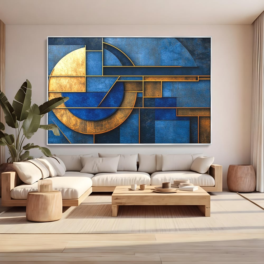 Tablou Canvas Premium, LuxCanva® C1304, Albastru arhitectural, Geometrie, Culori, Abstract, Albastru, Auriu, Profund, Minimalism, Design, Mural, Interior, Expozitie, Arta, Birou, Living, Dormitor