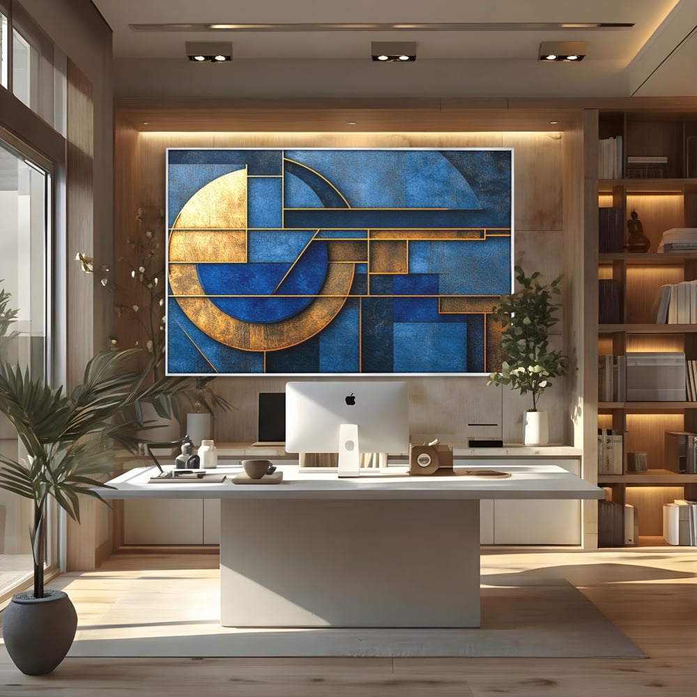 Tablou Canvas Premium, LuxCanva® C1304, Albastru arhitectural, Geometrie, Culori, Abstract, Albastru, Auriu, Profund, Minimalism, Design, Mural, Interior, Expozitie, Arta, Birou, Living, Dormitor