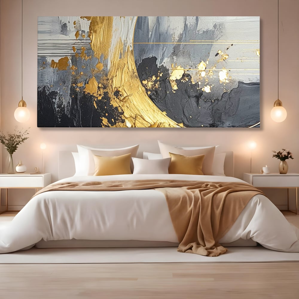 Tablou Canvas Premium, LuxCanva® C1305, Tacere turnata in aur, Geometrie, Culori, Abstract, Auriu, Valuri, Minimalism, Design, Curgere, Miscare, Interior, Expozitie, Arta, Birou, Living, Dormitor