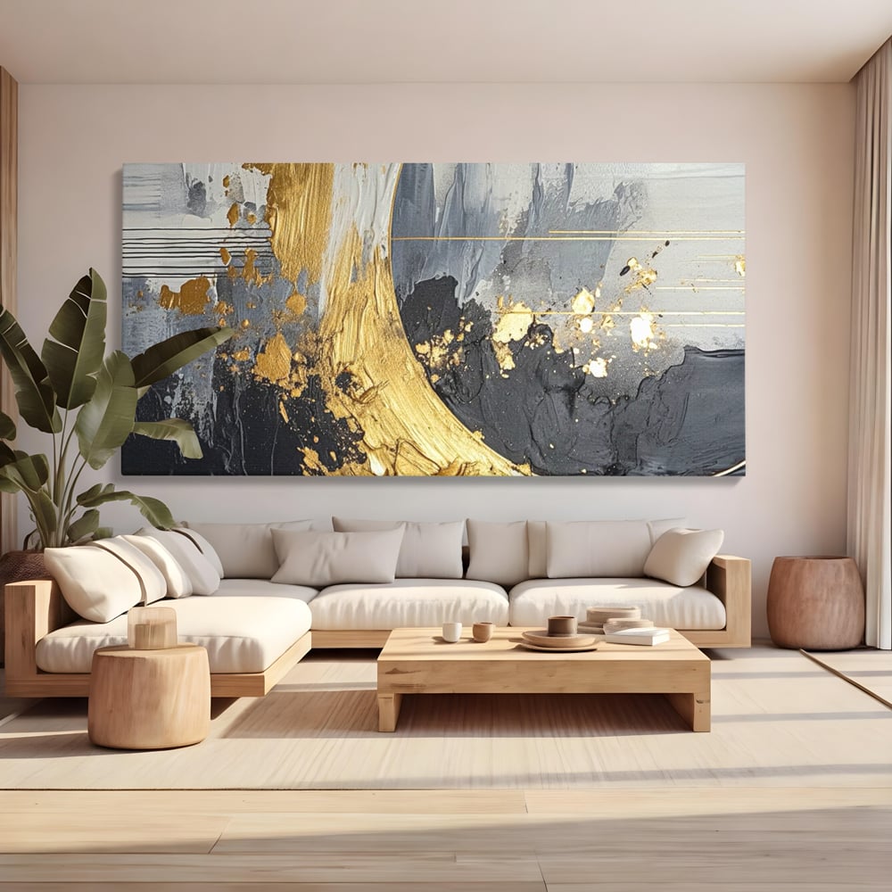 Tablou Canvas Premium, LuxCanva® C1305, Tacere turnata in aur, Geometrie, Culori, Abstract, Auriu, Valuri, Minimalism, Design, Curgere, Miscare, Interior, Expozitie, Arta, Birou, Living, Dormitor