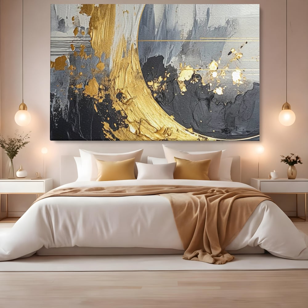 Tablou Canvas Premium, LuxCanva® C1305, Tacere turnata in aur, Geometrie, Culori, Abstract, Auriu, Valuri, Minimalism, Design, Curgere, Miscare, Interior, Expozitie, Arta, Birou, Living, Dormitor