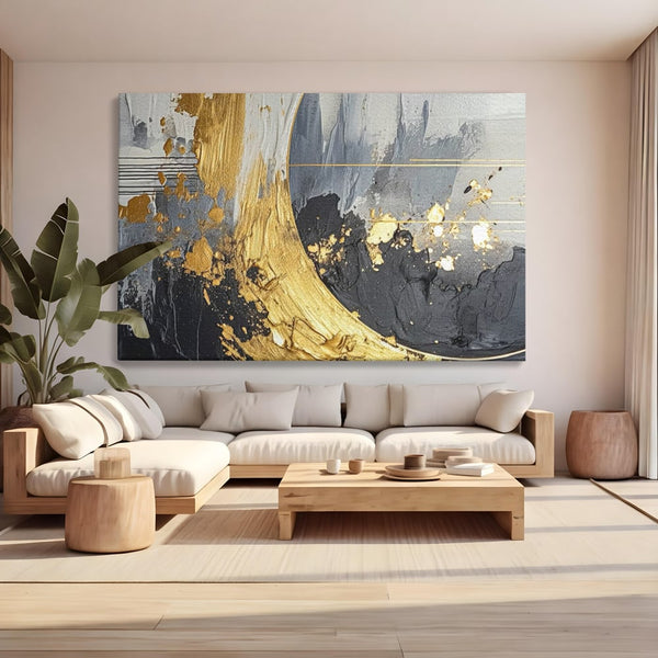 Tablou Canvas Premium, LuxCanva® C1305, Tacere turnata in aur, Geometrie, Culori, Abstract, Auriu, Valuri, Minimalism, Design, Curgere, Miscare, Interior, Expozitie, Arta, Birou, Living, Dormitor