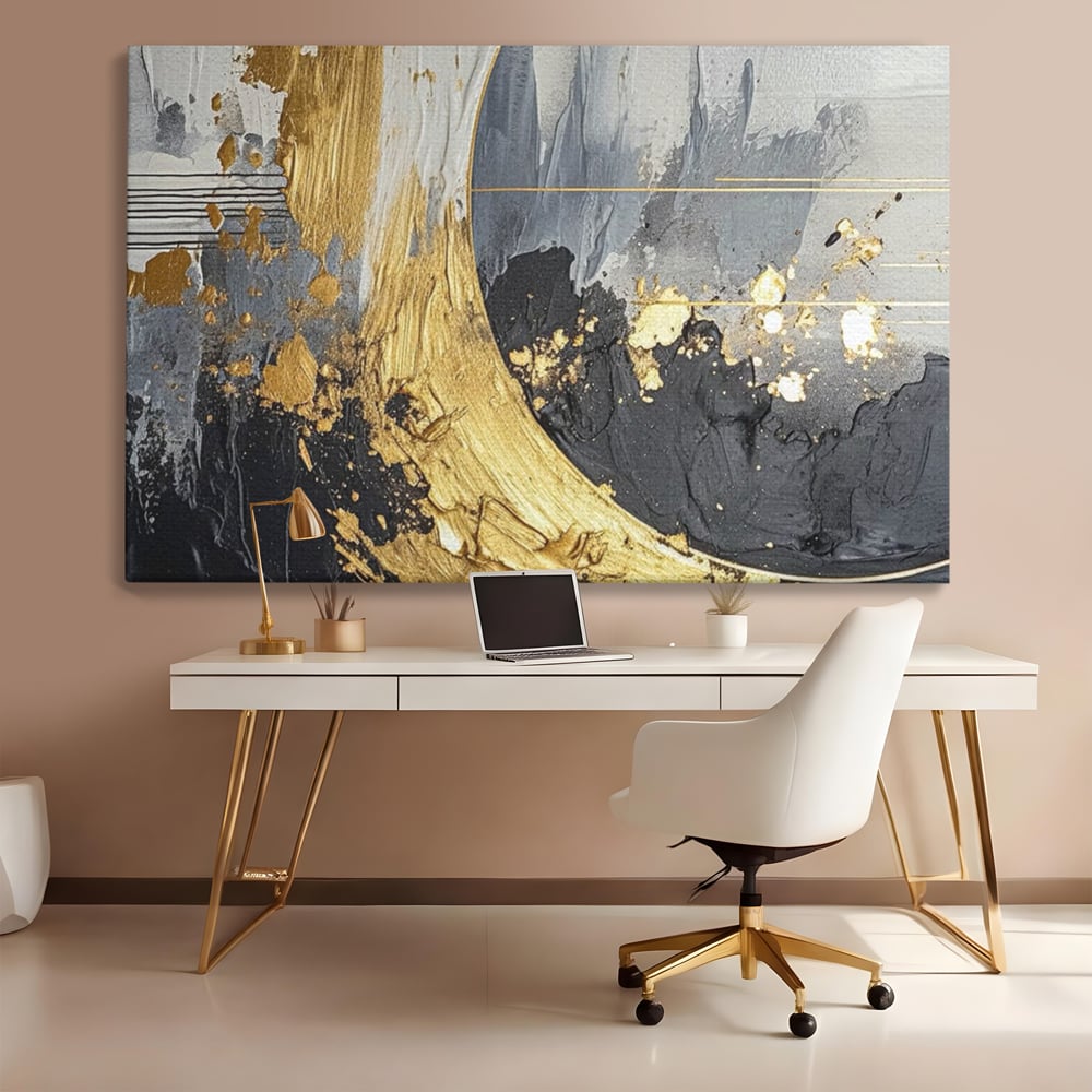 Tablou Canvas Premium, LuxCanva® C1305, Tacere turnata in aur, Geometrie, Culori, Abstract, Auriu, Valuri, Minimalism, Design, Curgere, Miscare, Interior, Expozitie, Arta, Birou, Living, Dormitor