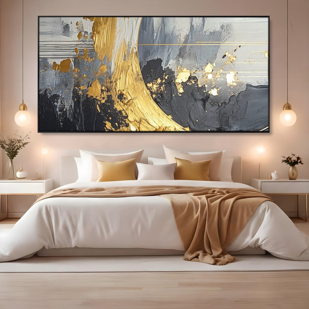 Tablou Canvas Premium, LuxCanva® C1305, Tacere turnata in aur, Geometrie, Culori, Abstract, Auriu, Valuri, Minimalism, Design, Curgere, Miscare, Interior, Expozitie, Arta, Birou, Living, Dormitor