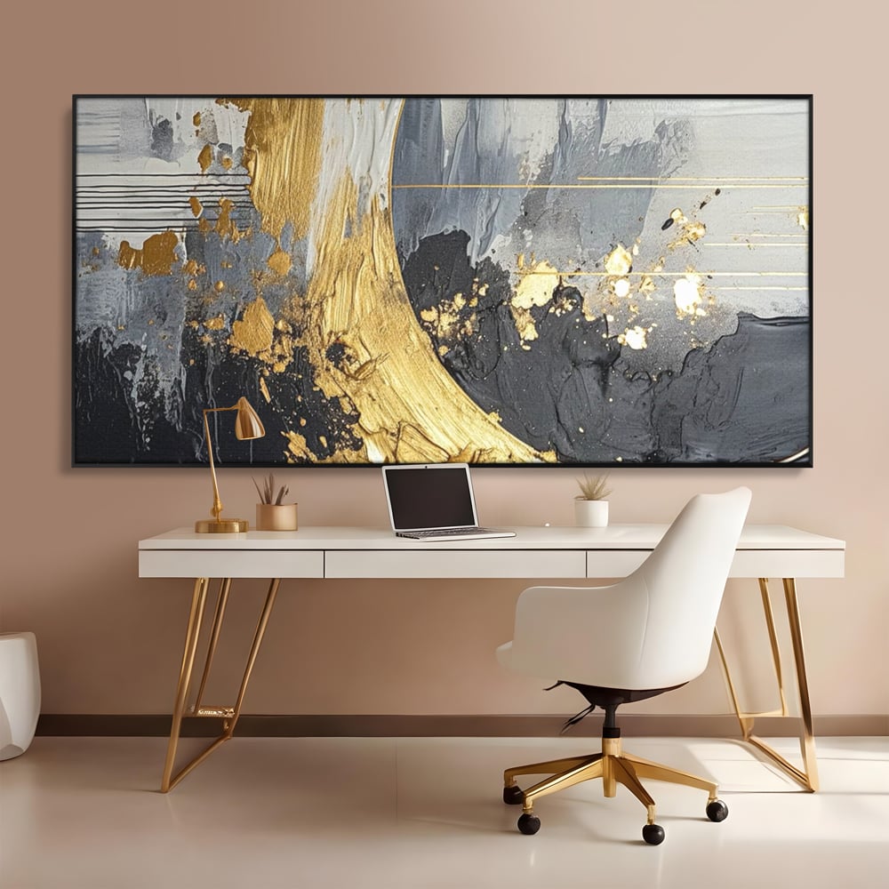 Tablou Canvas Premium, LuxCanva® C1305, Tacere turnata in aur, Geometrie, Culori, Abstract, Auriu, Valuri, Minimalism, Design, Curgere, Miscare, Interior, Expozitie, Arta, Birou, Living, Dormitor