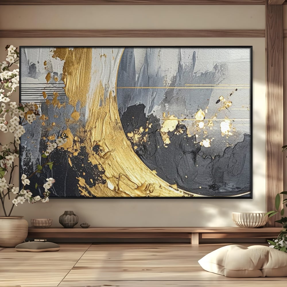 Tablou Canvas Premium, LuxCanva® C1305, Tacere turnata in aur, Geometrie, Culori, Abstract, Auriu, Valuri, Minimalism, Design, Curgere, Miscare, Interior, Expozitie, Arta, Birou, Living, Dormitor