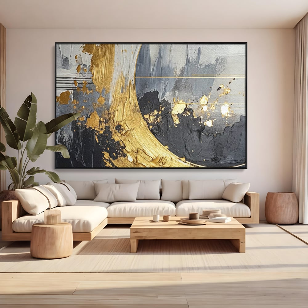 Tablou Canvas Premium, LuxCanva® C1305, Tacere turnata in aur, Geometrie, Culori, Abstract, Auriu, Valuri, Minimalism, Design, Curgere, Miscare, Interior, Expozitie, Arta, Birou, Living, Dormitor