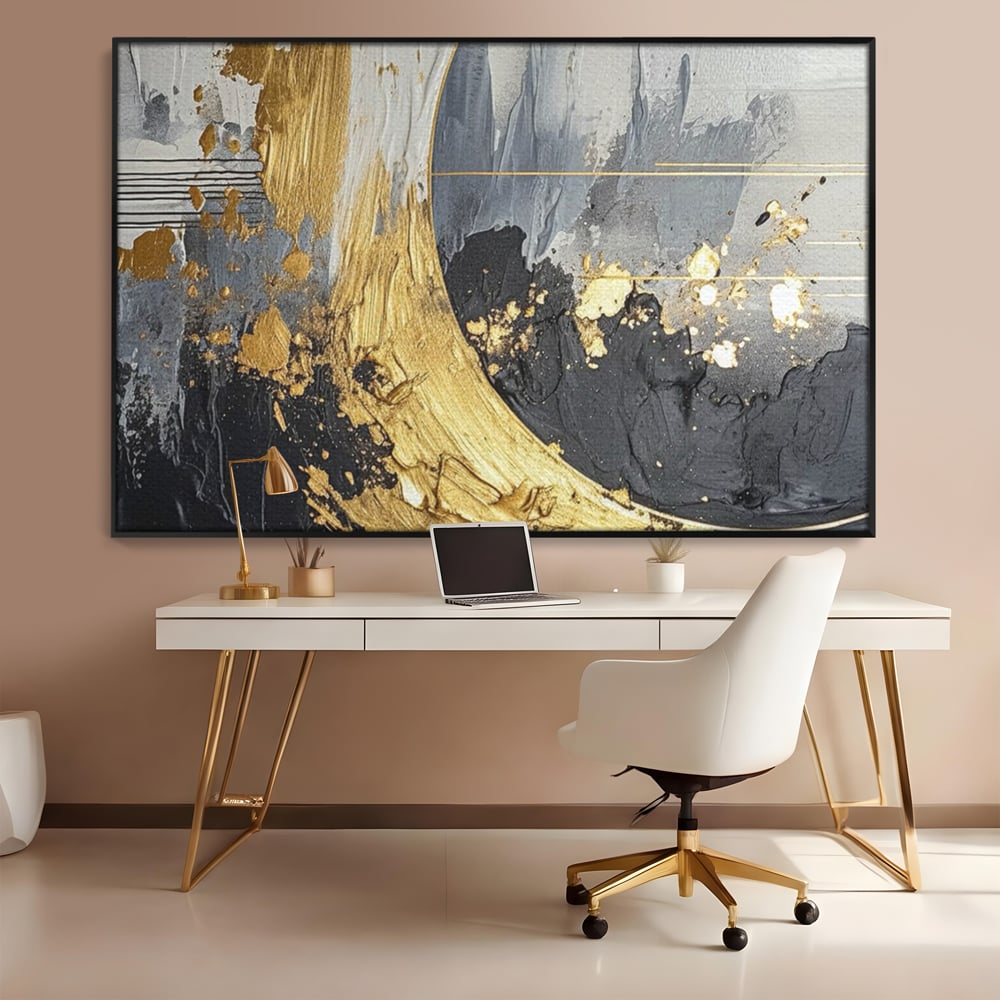 Tablou Canvas Premium, LuxCanva® C1305, Tacere turnata in aur, Geometrie, Culori, Abstract, Auriu, Valuri, Minimalism, Design, Curgere, Miscare, Interior, Expozitie, Arta, Birou, Living, Dormitor