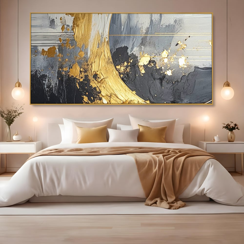 Tablou Canvas Premium, LuxCanva® C1305, Tacere turnata in aur, Geometrie, Culori, Abstract, Auriu, Valuri, Minimalism, Design, Curgere, Miscare, Interior, Expozitie, Arta, Birou, Living, Dormitor