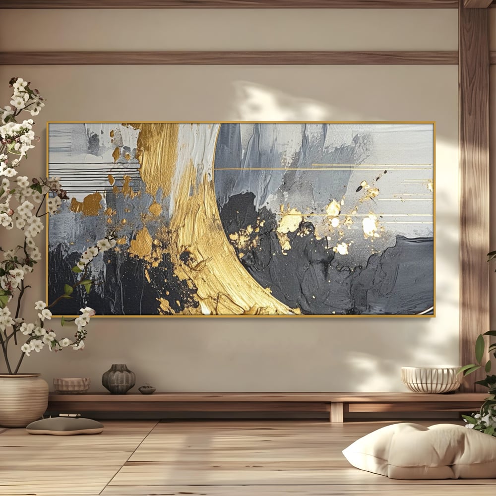 Tablou Canvas Premium, LuxCanva® C1305, Tacere turnata in aur, Geometrie, Culori, Abstract, Auriu, Valuri, Minimalism, Design, Curgere, Miscare, Interior, Expozitie, Arta, Birou, Living, Dormitor