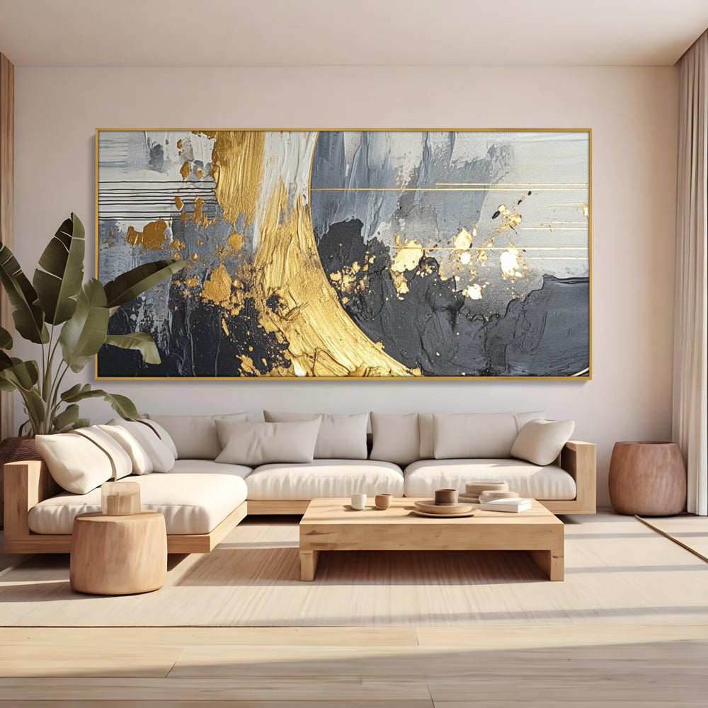 Tablou Canvas Premium, LuxCanva® C1305, Tacere turnata in aur, Geometrie, Culori, Abstract, Auriu, Valuri, Minimalism, Design, Curgere, Miscare, Interior, Expozitie, Arta, Birou, Living, Dormitor