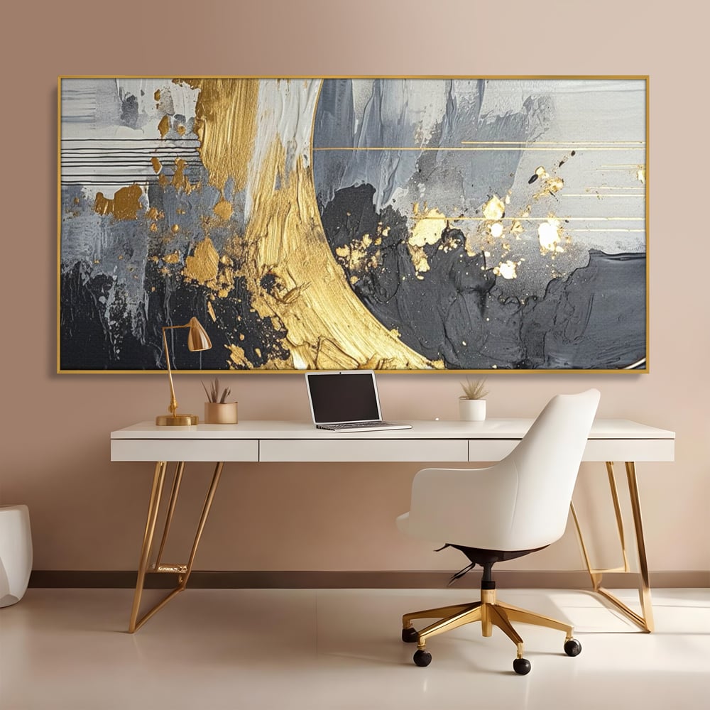Tablou Canvas Premium, LuxCanva® C1305, Tacere turnata in aur, Geometrie, Culori, Abstract, Auriu, Valuri, Minimalism, Design, Curgere, Miscare, Interior, Expozitie, Arta, Birou, Living, Dormitor