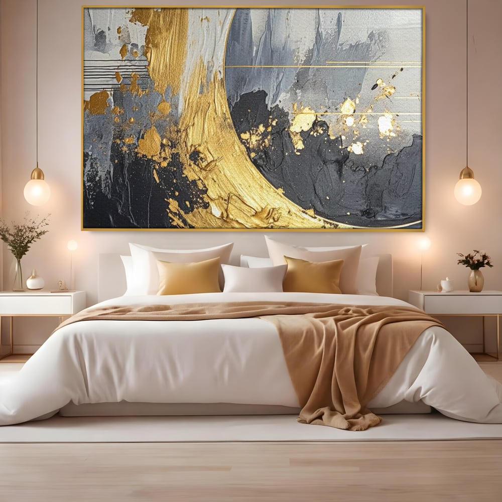 Tablou Canvas Premium, LuxCanva® C1305, Tacere turnata in aur, Geometrie, Culori, Abstract, Auriu, Valuri, Minimalism, Design, Curgere, Miscare, Interior, Expozitie, Arta, Birou, Living, Dormitor