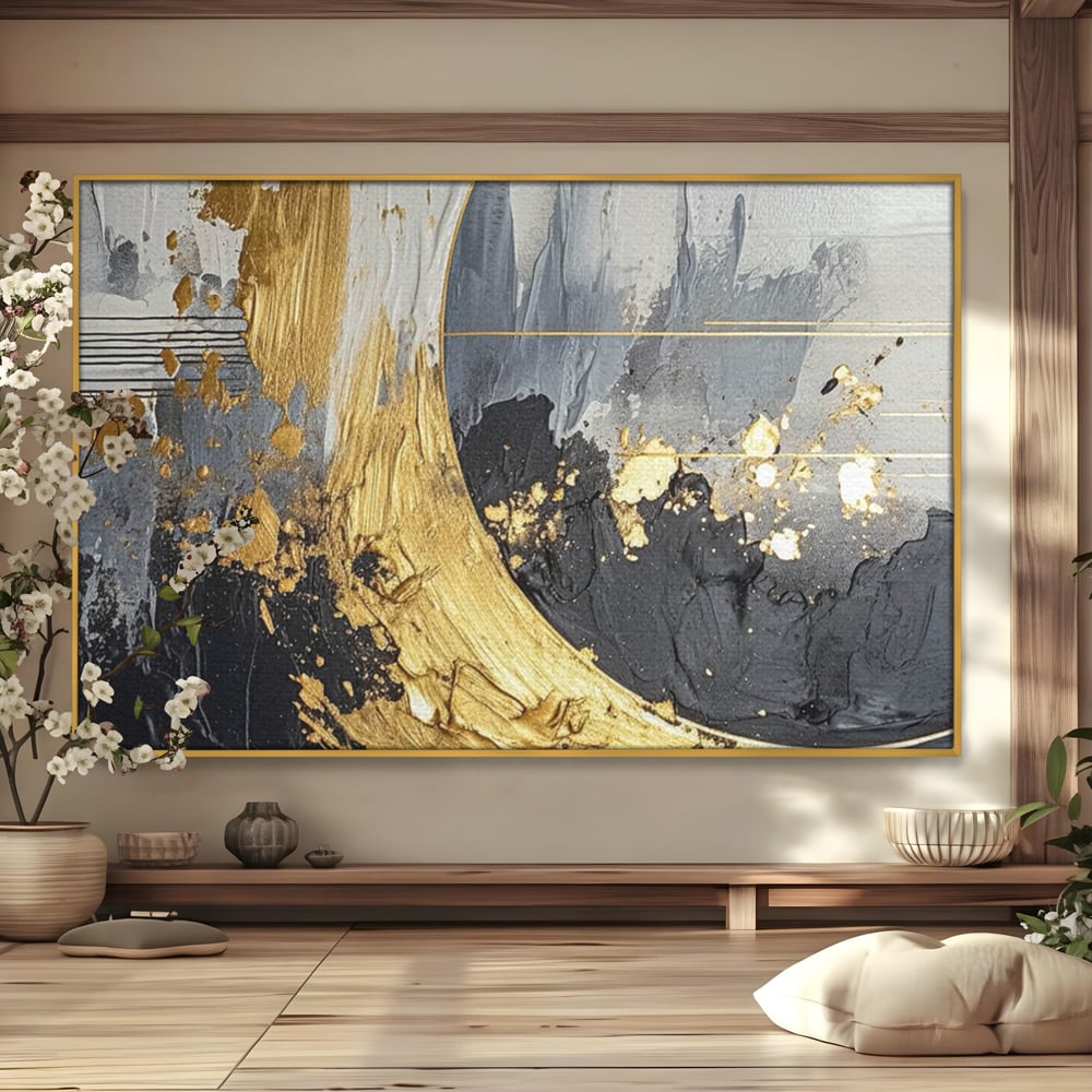 Tablou Canvas Premium, LuxCanva® C1305, Tacere turnata in aur, Geometrie, Culori, Abstract, Auriu, Valuri, Minimalism, Design, Curgere, Miscare, Interior, Expozitie, Arta, Birou, Living, Dormitor