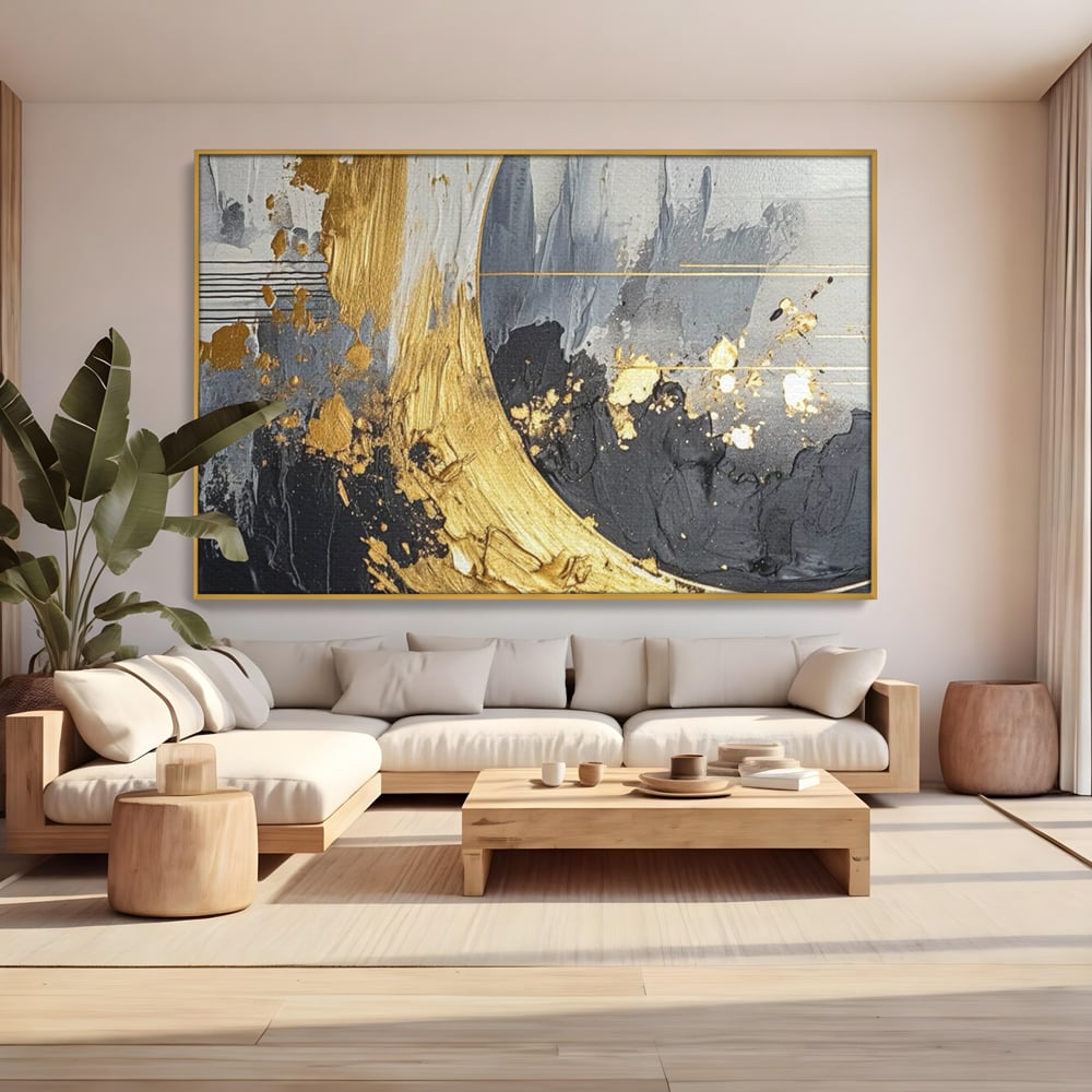 Tablou Canvas Premium, LuxCanva® C1305, Tacere turnata in aur, Geometrie, Culori, Abstract, Auriu, Valuri, Minimalism, Design, Curgere, Miscare, Interior, Expozitie, Arta, Birou, Living, Dormitor