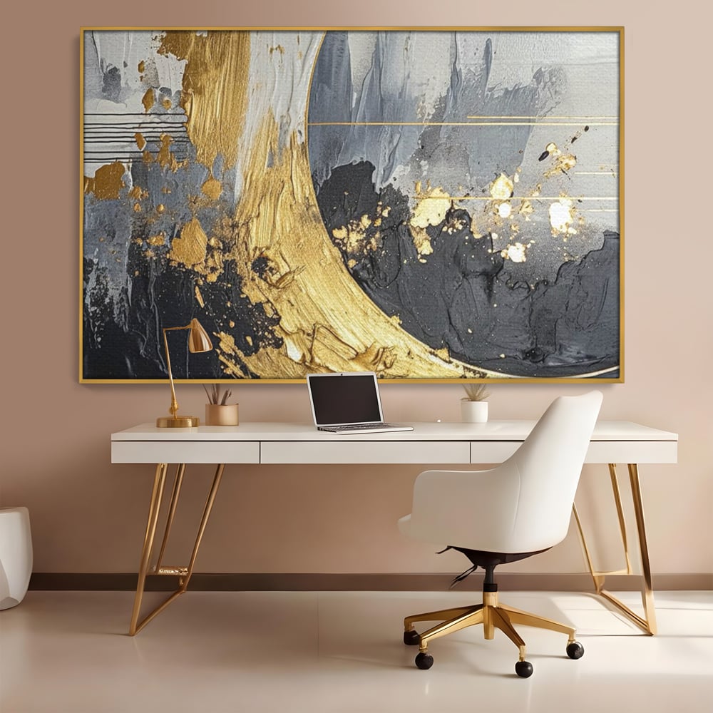 Tablou Canvas Premium, LuxCanva® C1305, Tacere turnata in aur, Geometrie, Culori, Abstract, Auriu, Valuri, Minimalism, Design, Curgere, Miscare, Interior, Expozitie, Arta, Birou, Living, Dormitor