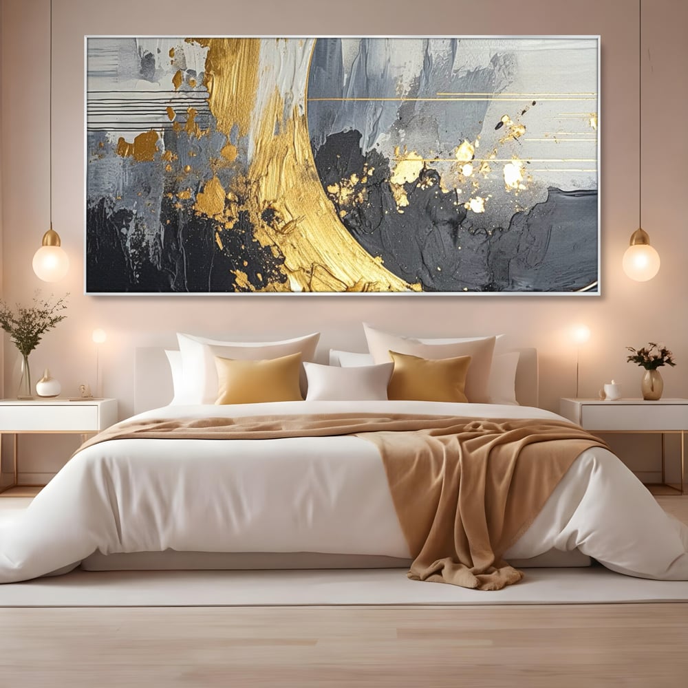 Tablou Canvas Premium, LuxCanva® C1305, Tacere turnata in aur, Geometrie, Culori, Abstract, Auriu, Valuri, Minimalism, Design, Curgere, Miscare, Interior, Expozitie, Arta, Birou, Living, Dormitor