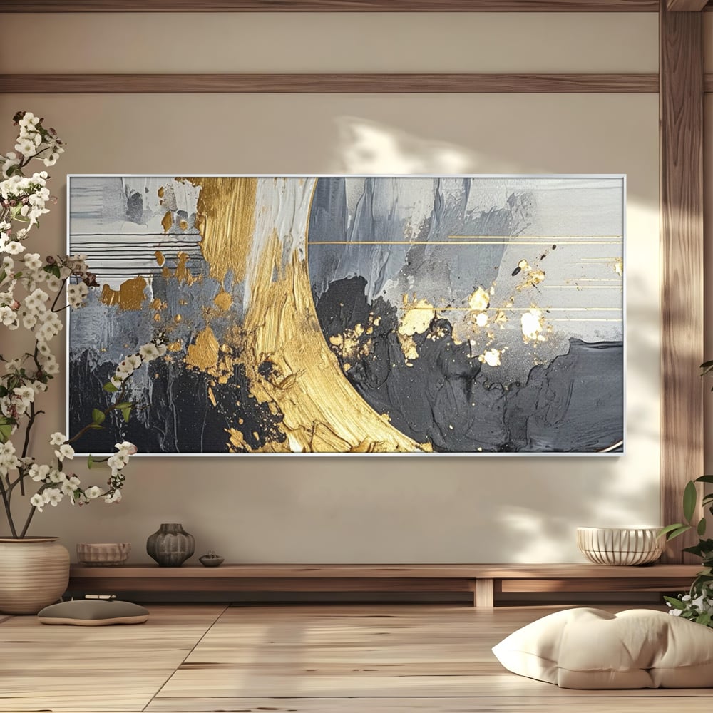 Tablou Canvas Premium, LuxCanva® C1305, Tacere turnata in aur, Geometrie, Culori, Abstract, Auriu, Valuri, Minimalism, Design, Curgere, Miscare, Interior, Expozitie, Arta, Birou, Living, Dormitor