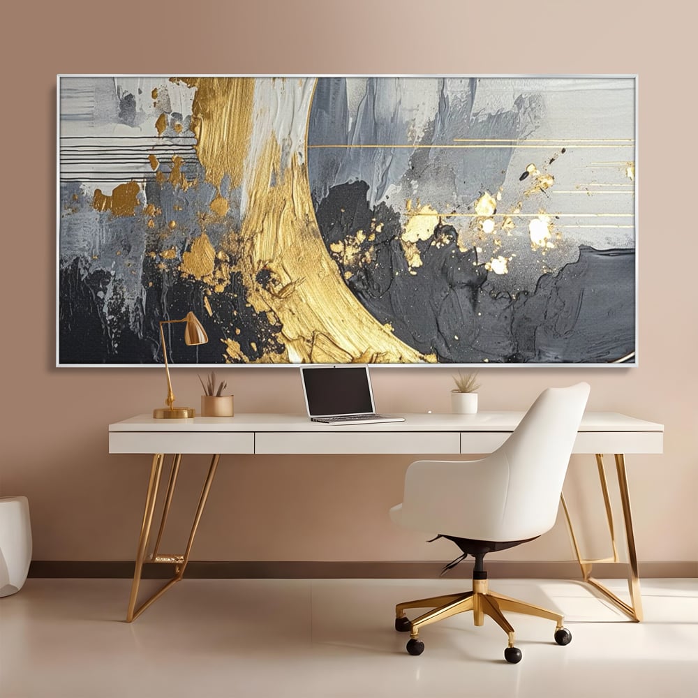 Tablou Canvas Premium, LuxCanva® C1305, Tacere turnata in aur, Geometrie, Culori, Abstract, Auriu, Valuri, Minimalism, Design, Curgere, Miscare, Interior, Expozitie, Arta, Birou, Living, Dormitor