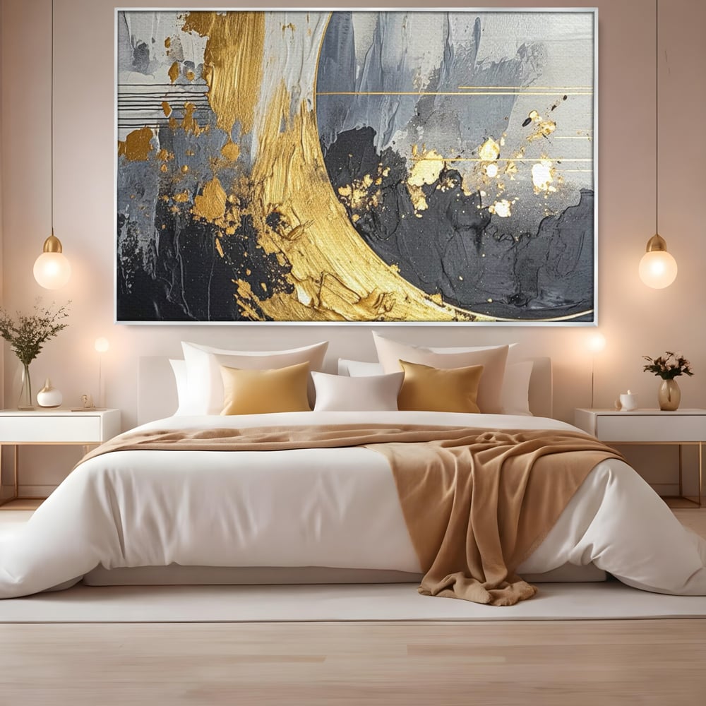Tablou Canvas Premium, LuxCanva® C1305, Tacere turnata in aur, Geometrie, Culori, Abstract, Auriu, Valuri, Minimalism, Design, Curgere, Miscare, Interior, Expozitie, Arta, Birou, Living, Dormitor