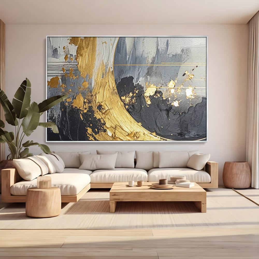 Tablou Canvas Premium, LuxCanva® C1305, Tacere turnata in aur, Geometrie, Culori, Abstract, Auriu, Valuri, Minimalism, Design, Curgere, Miscare, Interior, Expozitie, Arta, Birou, Living, Dormitor