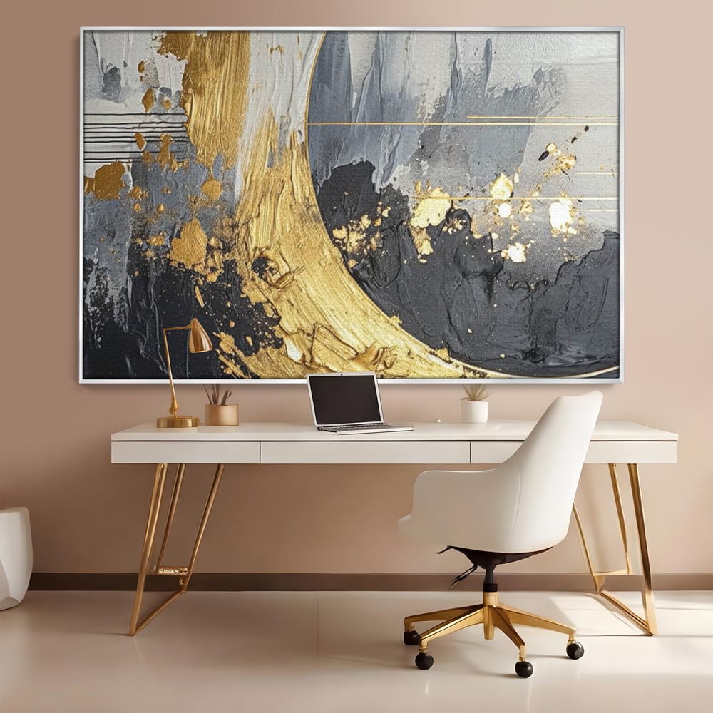 Tablou Canvas Premium, LuxCanva® C1305, Tacere turnata in aur, Geometrie, Culori, Abstract, Auriu, Valuri, Minimalism, Design, Curgere, Miscare, Interior, Expozitie, Arta, Birou, Living, Dormitor