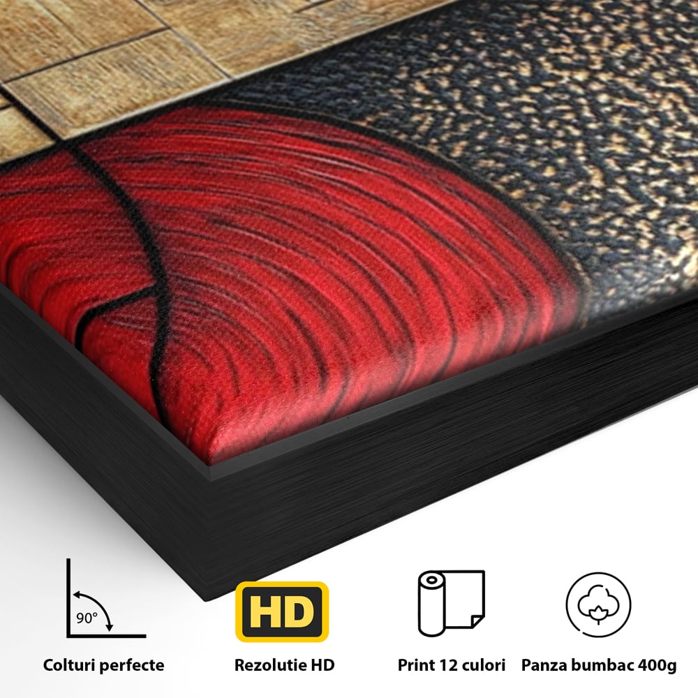 Tablou Canvas Premium, LuxCanva® C1306, Ordinea pasiunii, Geometrie, Culori, Abstract, Auriu, Rosu, Negru, Minimalism, Design, Cerc, Labirint, Dorinta, Expozitie, Arta, Birou, Living, Dormitor