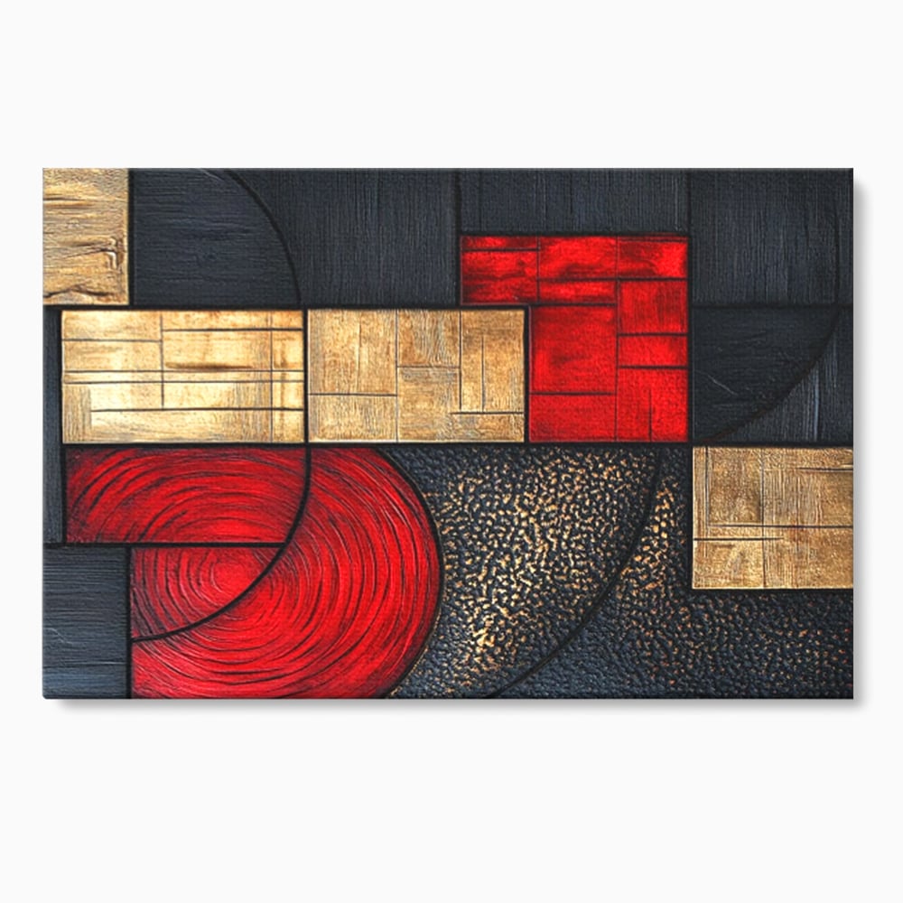Tablou Canvas Premium, LuxCanva® C1306, Ordinea pasiunii, Geometrie, Culori, Abstract, Auriu, Rosu, Negru, Minimalism, Design, Cerc, Labirint, Dorinta, Expozitie, Arta, Birou, Living, Dormitor