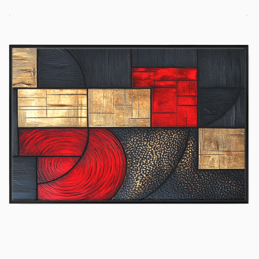 Tablou Canvas Premium, LuxCanva® C1306, Ordinea pasiunii, Geometrie, Culori, Abstract, Auriu, Rosu, Negru, Minimalism, Design, Cerc, Labirint, Dorinta, Expozitie, Arta, Birou, Living, Dormitor